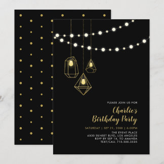 Gold und Schwarz | Modern String Lights Birthday P Einladung