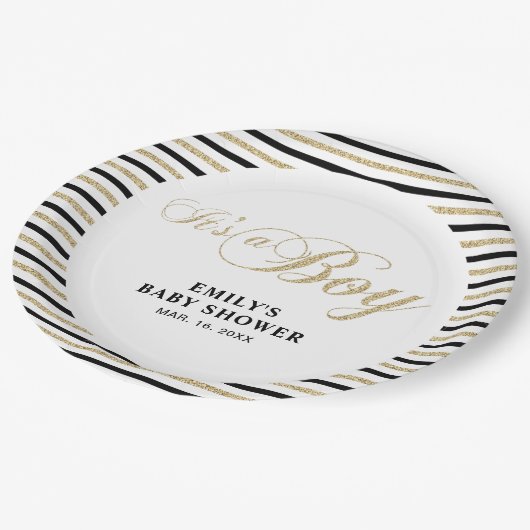 Gold und Schwarz | Moderne Babydusche Party Plättc Pappteller (Schrägansicht)