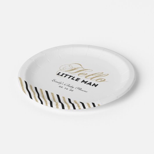 Gold und Schwarz | Moderne Babydusche Party Plättc Pappteller (Schrägansicht)