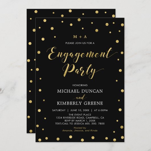 Gold und Schwarz | Moderne Konfetti-Engagement-Par Einladung (Vorne/Hinten)