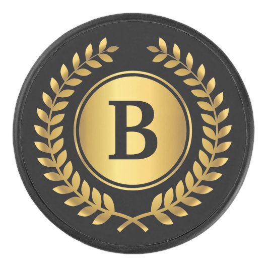 Gold und Schwarz Monogram mit Laurel Wreath Eishockey Puck (Vorderseite)