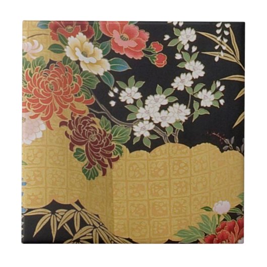 Gold und schwarz-orientalisch-japanischer Kimono F Fliese (Vorderseite)