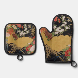Gold und schwarz-orientalisch-japanischer Kimono F Ofenhandschuh & Topflappen-Set