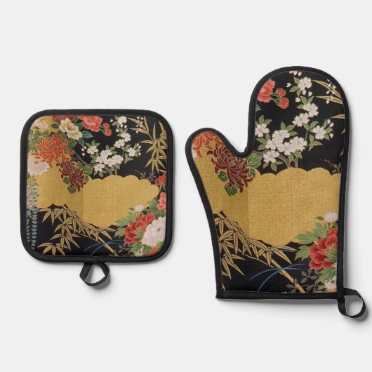 Gold und schwarz-orientalisch-japanischer Kimono F Ofenhandschuh & Topflappen-Set (Vorderseite)