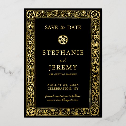 Gold und Schwarz Save the Date Folieneinladung (Vorderseite)