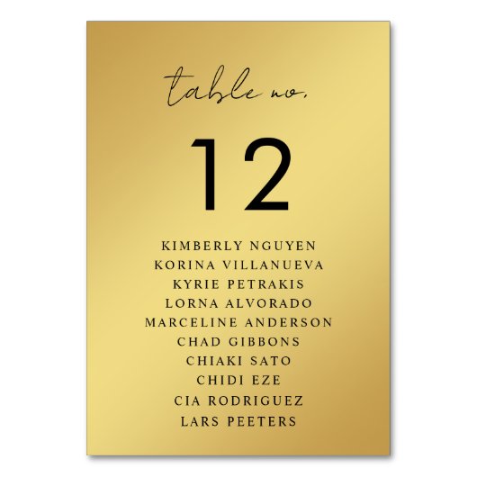 Gold- und Schwarz-Script-Seating-Chart-Namen Tischnummer (Rückseite)