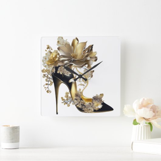 GOLD UND SCHWARZ STILETTO HEELSE MIT BLUME QUADRATISCHE WANDUHR (Zuhause)