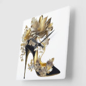 GOLD UND SCHWARZ STILETTO HEELSE MIT BLUME QUADRATISCHE WANDUHR (Winkel)