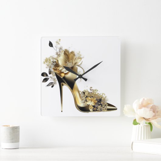 GOLD UND SCHWARZ STILETTO HEELSE MIT BLUME QUADRATISCHE WANDUHR (Zuhause)