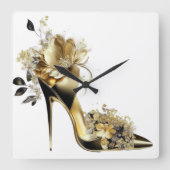 GOLD UND SCHWARZ STILETTO HEELSE MIT BLUME QUADRATISCHE WANDUHR (Vorderseite)