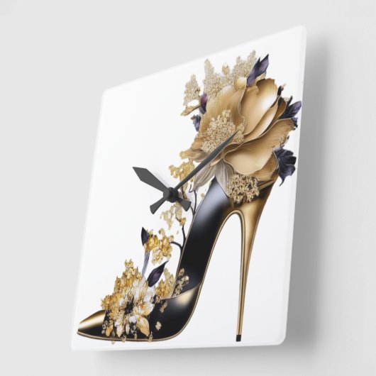 GOLD UND SCHWARZ STILETTO HEELSE MIT BLUME QUADRATISCHE WANDUHR (Winkel)