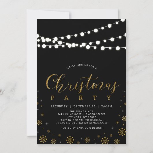 Gold und Schwarz | String Lights Christmas Party Einladung (Vorderseite)
