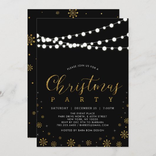 Gold und Schwarz | String Lights Christmas Party Einladung (Vorne/Hinten)