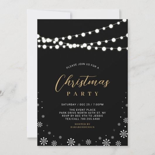 Gold und Schwarz | String Lights Christmas Party I Einladung (Vorderseite)