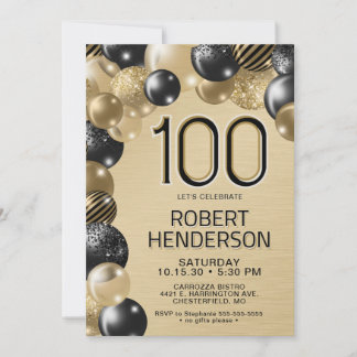 Gold und Schwarze Ballons 100. Geburtstagsfeier Einladung