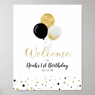 Gold- und schwarze Ballons Junge 1. Geburtstags-Wi Poster