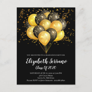 Gold und schwarze Balloons Gold Confetti auf Black Einladungspostkarte