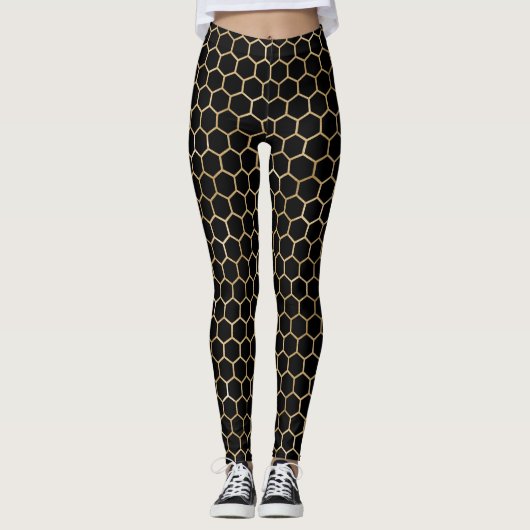 Gold und Schwarze Honigwaben Leggings (Vorderseite)
