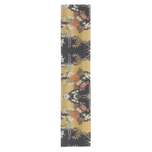 Gold und schwarze japanische Kimono Floral Dining Kurzer Tischläufer (Vorderseite)