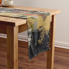 Gold und schwarze japanische Kimono Floral Dining Kurzer Tischläufer