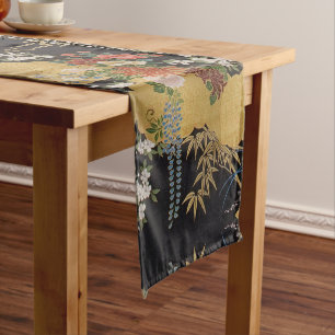 Gold und schwarze japanische Kimono Floral Dining Kurzer Tischläufer