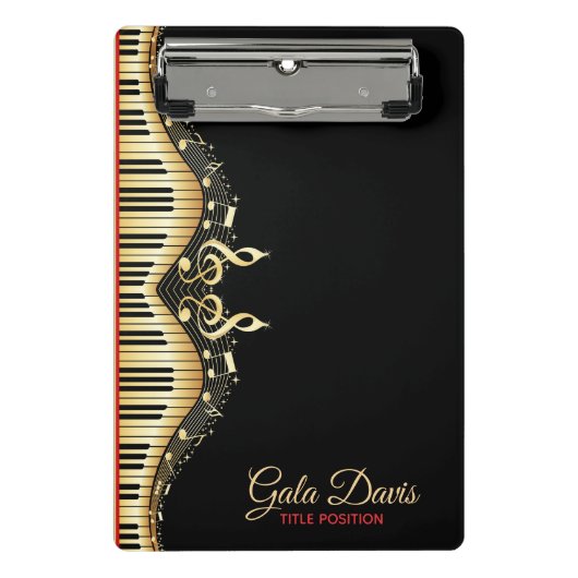 Gold- und Schwarze Musiknoten entwerfen rote Akzen Mini Klemmbrett (Vorderseite)