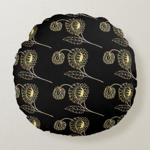 Gold und schwarze Sonnenblumen Naturkunst Muster Rundes Kissen