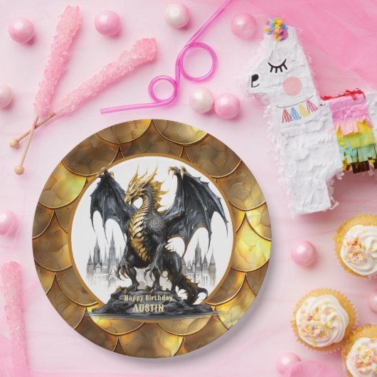 Gold und Schwarzer Drache mit drachenskalierbaren  Pappteller (Party)