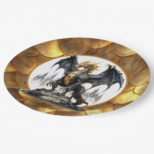 Gold und Schwarzer Drache mit drachenskalierbaren  Pappteller (Schrägansicht)