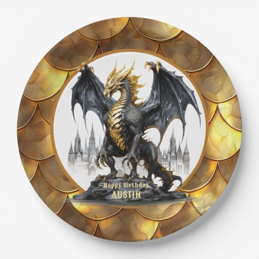 Gold und Schwarzer Drache mit drachenskalierbaren  Pappteller (Vorderseite)