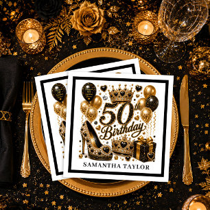 Gold und schwarzer Luxus-Glitter 50. Geburtstagsfe Serviette
