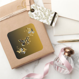 Gold- und schwarzer Schmetterlingsblüten Quadratischer Aufkleber