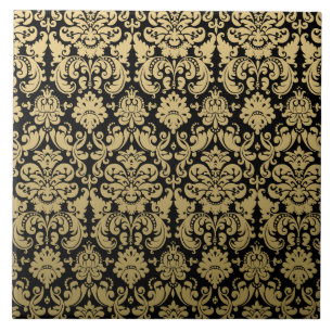 Gold- und schwarzes elegantes Damastmuster Fliese