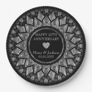 Gold- und schwarzes florales Mandala-Hochzeitsjubi Pappteller
