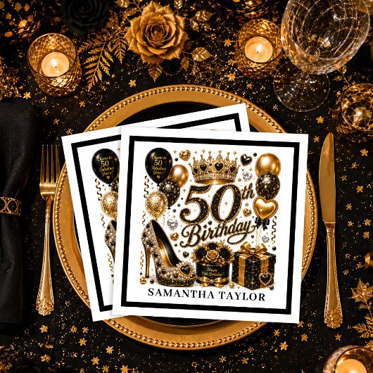 Gold- und schwarzes Luxus-Glitter-Fünfzig-und-fabe Serviette