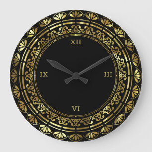 Gold- und schwarzes vintage Blumendesign Große Wanduhr