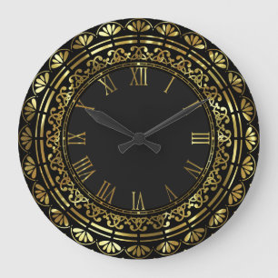 Gold- und schwarzes Vintage-Blumendesign Große Wanduhr