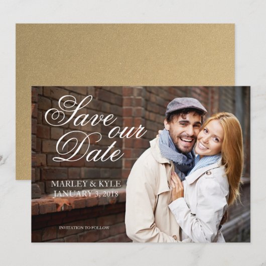 Gold und Script Modern Save the Date Card (Vorne/Hinten)