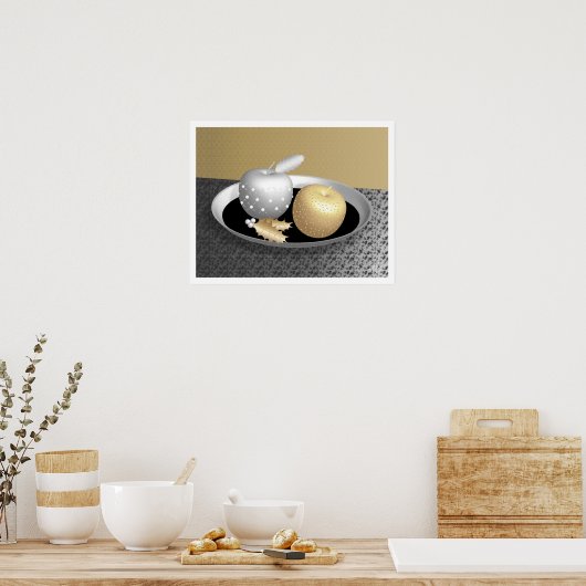 Gold und Silber Äpfel auf einem Silberplatter Poster (Küche)