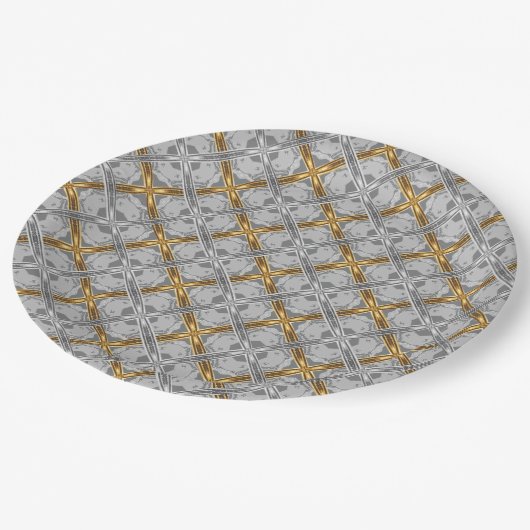 Gold und Silber lackierte Medallions Muster Pappteller (Schrägansicht)