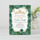 Gold und Smaragde grüne Rose Quinceañera Einladung (Stehend Vorderseite)