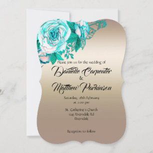 Gold- und Türkis-Aquarell-Rosen-Hochzeit Einladung