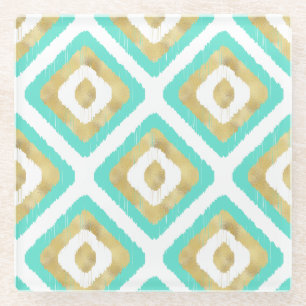 Gold und Türkis Chic Ikat Muster Glasuntersetzer