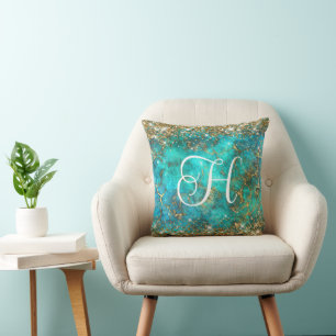 Gold- und Türkis-Edelstein-Glam-Monogramm Kissen