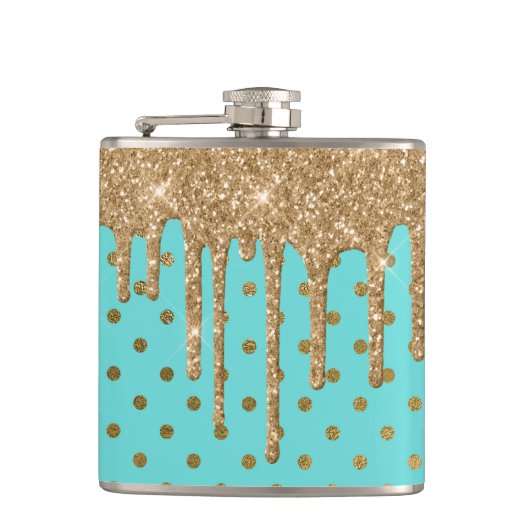 Gold und Türkis Polka Dot Flask Flachmann (Vorderseite)