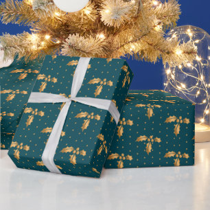 Gold und Türkisblau Weihnachts-Stechpalme Geschenkpapier