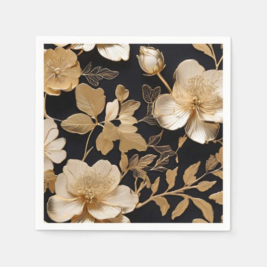 Gold und Weiß Blumenmuster auf Schwarz Serviette (Vorderseite)
