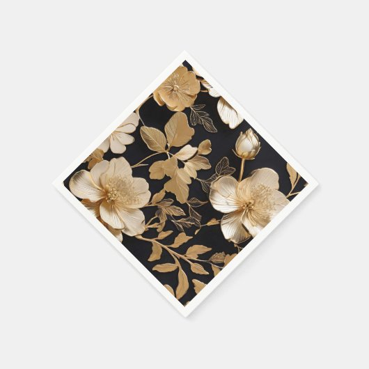 Gold und Weiß Blumenmuster auf Schwarz Serviette (Ecke)