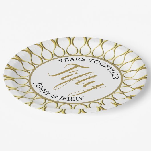 Gold und Weiß, elegante Jubiläumsfolie Pappteller (Schrägansicht)