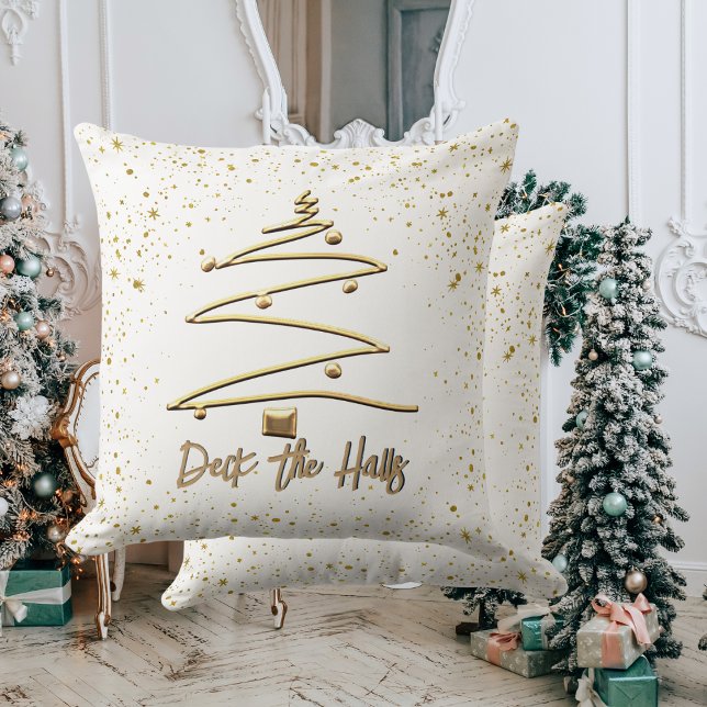 Gold und Weiß, eleganter Weihnachtsbaum Kissen (Gold and White, Elegant Christmas Tree Throw Pillow)